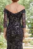 Off The Shoulder Mermaid Black Sequin Appliqued Mother of the Bride Dress with 3/4 Sleeves