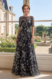 Illusion Neck Appliqued A Line Black Sequin Mother of the Bride Dress with Half Sleeves