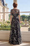 Illusion Neck Appliqued A Line Black Sequin Mother of the Bride Dress with Half Sleeves