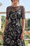Illusion Neck Appliqued A Line Black Sequin Mother of the Bride Dress with Half Sleeves