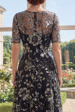 Illusion Neck Appliqued A Line Black Sequin Mother of the Bride Dress with Half Sleeves