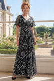 V-Neck Black Printed Floral A Line Mother of the Bride Dress with Short Sleeves