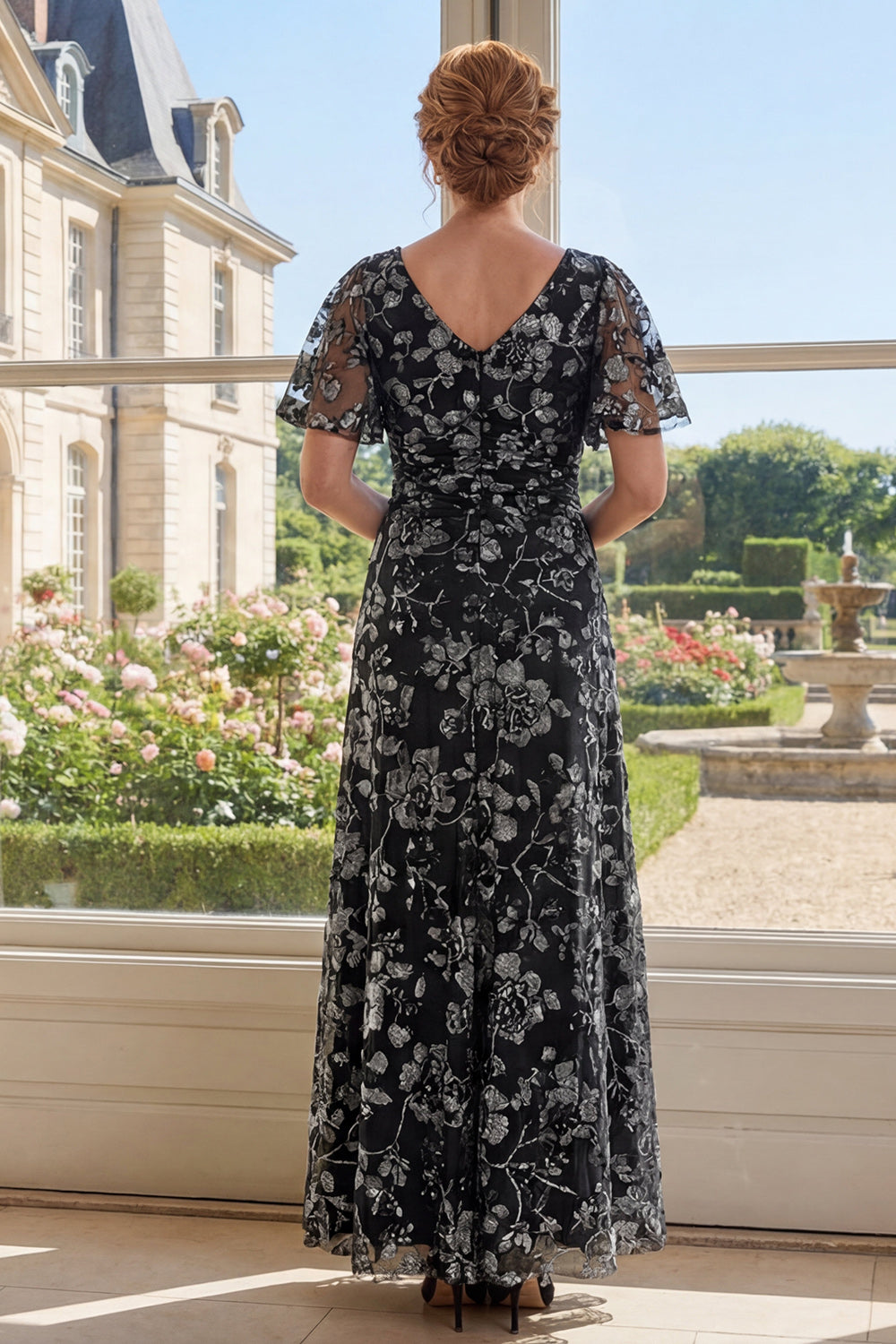 Wedtrend Women Black A Line Printed Mother of the Bride Dress Floral V-Neck Long Mother of the Groom Dress with Flutter Sleeves, Black / US18W