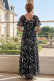 V-Neck Black Printed Floral A Line Mother of the Bride Dress with Short Sleeves