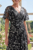 V-Neck Black Printed Floral A Line Mother of the Bride Dress with Short Sleeves