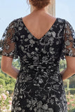V-Neck Black Printed Floral A Line Mother of the Bride Dress with Short Sleeves