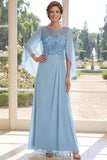 Light Blue Appliqued Chiffon Mother of the Bride Dress with Cape Sleeves