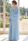 Light Blue Appliqued Chiffon Mother of the Bride Dress with Cape Sleeves