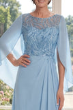 Light Blue Appliqued Chiffon Mother of the Bride Dress with Cape Sleeves