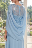 Light Blue Appliqued Chiffon Mother of the Bride Dress with Cape Sleeves