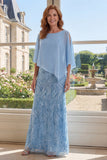 Light Blue Appliqued A Line Mother of the Bride Dress with Cape Sleeves