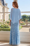 Light Blue Appliqued A Line Mother of the Bride Dress with Cape Sleeves