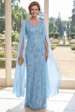 Mermaid V-Neck Light Blue Appliqued Long Mother of the Bride Dress with Cape Sleeves