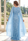 Mermaid V-Neck Light Blue Appliqued Long Mother of the Bride Dress with Cape Sleeves