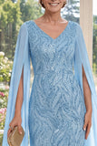 Mermaid V-Neck Light Blue Appliqued Long Mother of the Bride Dress with Cape Sleeves