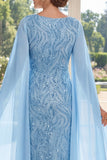 Mermaid V-Neck Light Blue Appliqued Long Mother of the Bride Dress with Cape Sleeves