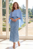 Sheath Appliqued Light Blue Mother of the Bride Dress with Cape Sleeves