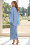 Sheath Appliqued Light Blue Mother of the Bride Dress with Cape Sleeves