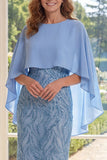 Sheath Appliqued Light Blue Mother of the Bride Dress with Cape Sleeves