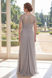 Grey Illusion Neck Sheath Sequin Mother of the Bride Dress with Short Sleeves