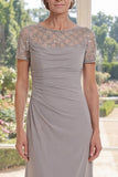 Grey Illusion Neck Sheath Sequin Mother of the Bride Dress with Short Sleeves