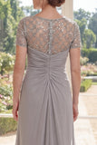 Grey Illusion Neck Sheath Sequin Mother of the Bride Dress with Short Sleeves