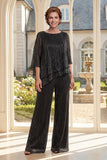 Black Ruffled Round Neck 2 Piece Mother of the Bride Outfit with 3/4 Sleeves