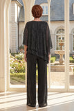 Black Ruffled Round Neck 2 Piece Mother of the Bride Outfit with 3/4 Sleeves