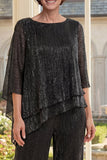 Black Ruffled Round Neck 2 Piece Mother of the Bride Outfit with 3/4 Sleeves