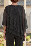 Black Ruffled Round Neck 2 Piece Mother of the Bride Outfit with 3/4 Sleeves