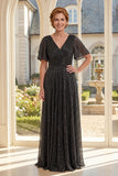 Glitter Black V-Neck A Line Mother of the Bride Dress with Short Sleeves