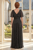 Glitter Black V-Neck A Line Mother of the Bride Dress with Short Sleeves