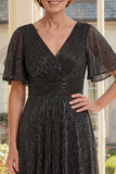 Glitter Black V-Neck A Line Mother of the Bride Dress with Short Sleeves