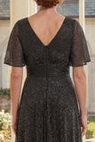 Glitter Black V-Neck A Line Mother of the Bride Dress with Short Sleeves