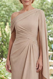 Mermaid Champagne One Shoulder Ruched Mother of the Bride Dress with Cape Sleeve