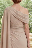 Mermaid Champagne One Shoulder Ruched Mother of the Bride Dress with Cape Sleeve