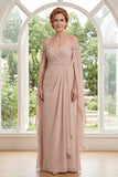 Champagne A Line Off The Shoulder Ruched Maxi Dress with Cape Sleeves