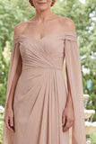 Champagne A Line Off The Shoulder Ruched Maxi Dress with Cape Sleeves