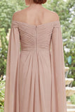Champagne A Line Off The Shoulder Ruched Maxi Dress with Cape Sleeves