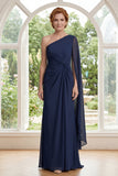 Navy Mermaid One Shoulder Ruched Mother of the Bride Dress with Cape Sleeve