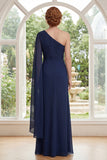 Navy Mermaid One Shoulder Ruched Mother of the Bride Dress with Cape Sleeve