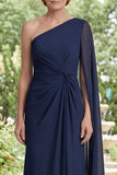 Navy Mermaid One Shoulder Ruched Mother of the Bride Dress with Cape Sleeve