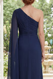 Navy Mermaid One Shoulder Ruched Mother of the Bride Dress with Cape Sleeve