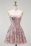 Blush Sequin Beaded A Line Short Homecoming Dress