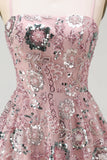 Blush Sequin Beaded A Line Short Homecoming Dress