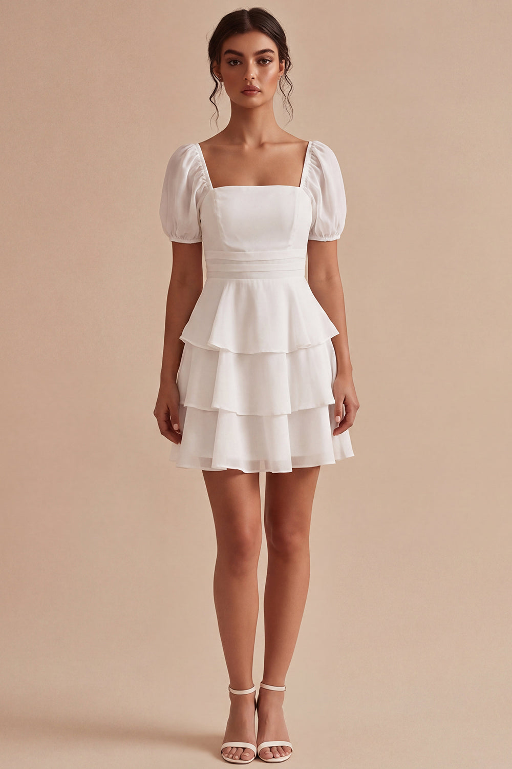 white graduation dress with puff sleeves Cicinia White Graduation Dresses Short A-Line Square Neckline Mini Dress With Bowknot