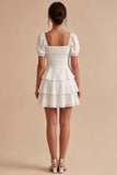 White A Line Tiered Ruffle Square Neck Mini Dress with Puff Sleeves