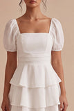 White A Line Tiered Ruffle Square Neck Mini Dress with Puff Sleeves