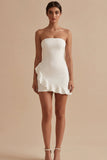 Strapless Bodycon Ruffled White Dress