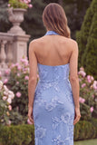 Halter Sage Mermaid Floral Wedding Guest Dress with Scarf